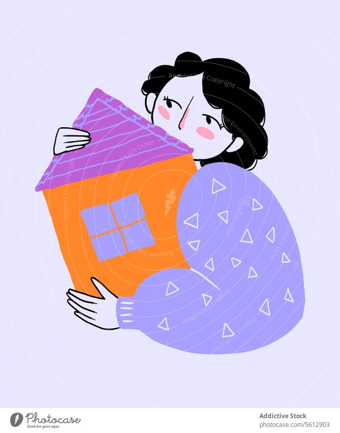 Woman carrying colorful house against white background woman hand illustration sweet home dream isolated world building vector design apartment protection love