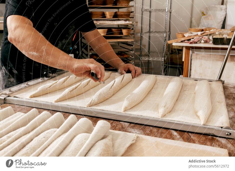 Anonymous man preparing bread in bakehouse chef loaf score cutting knife tray hand crop casual attire uncooked baking table kitchen food fresh dough