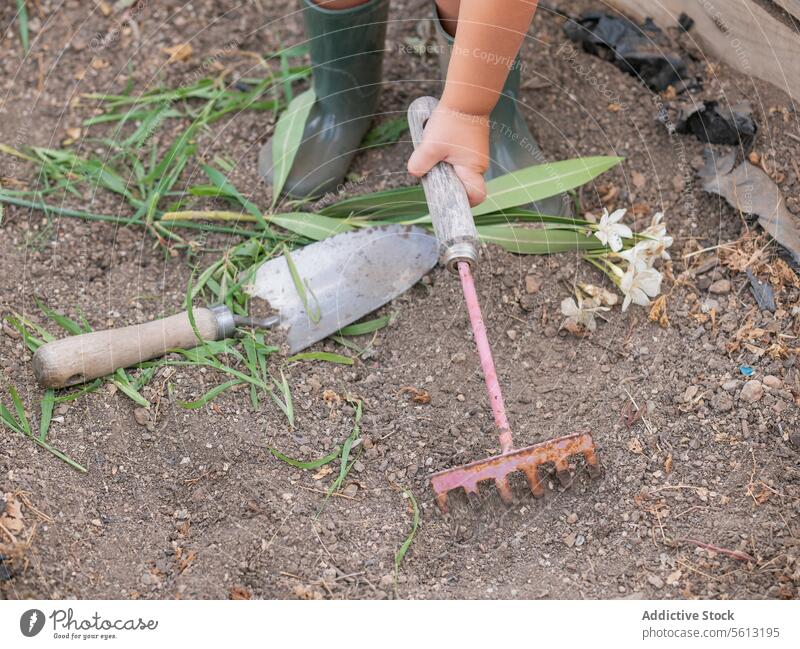 From above of crop Anonymous little kid in boots using rake on soil while gardening in backyard learning trowel ground leaf faceless child tool plantation
