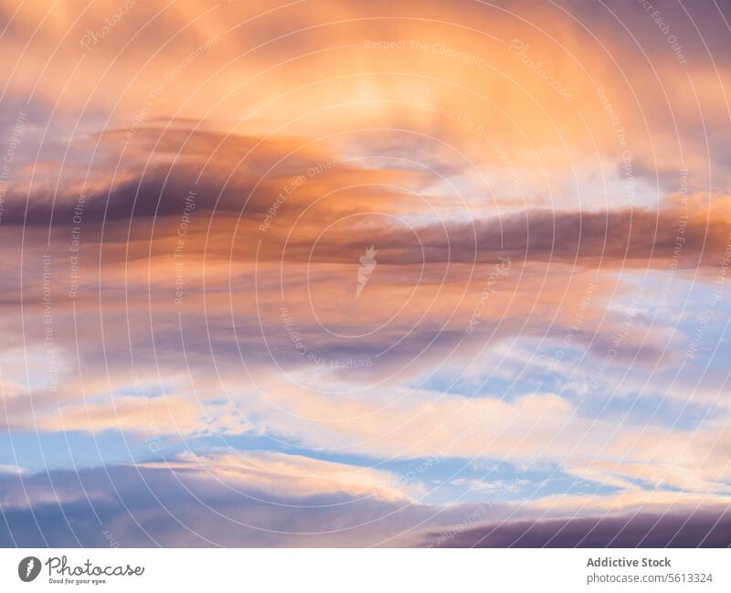 Sweeping orange sunset skies with soft cloud patterns sky blue dusk evening nature outdoor beautiful scenery tranquil peaceful color gradient twilight dawn