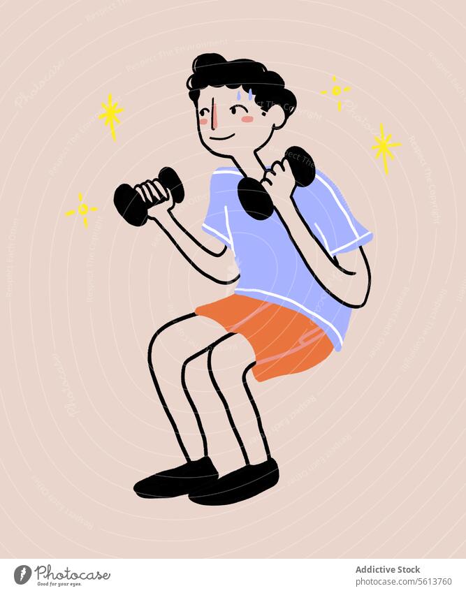 Happy cartoon man lifting dumbbells illustration fitness workout training squat sweat smile happy male young wavy hair curly hair black hair short hair