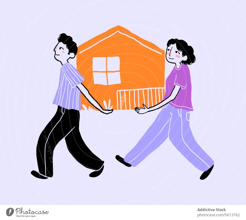 Cartoon man and woman carrying house couple cartoon illustration move real estate property relocate building young wavy hair curly hair black hair short hair
