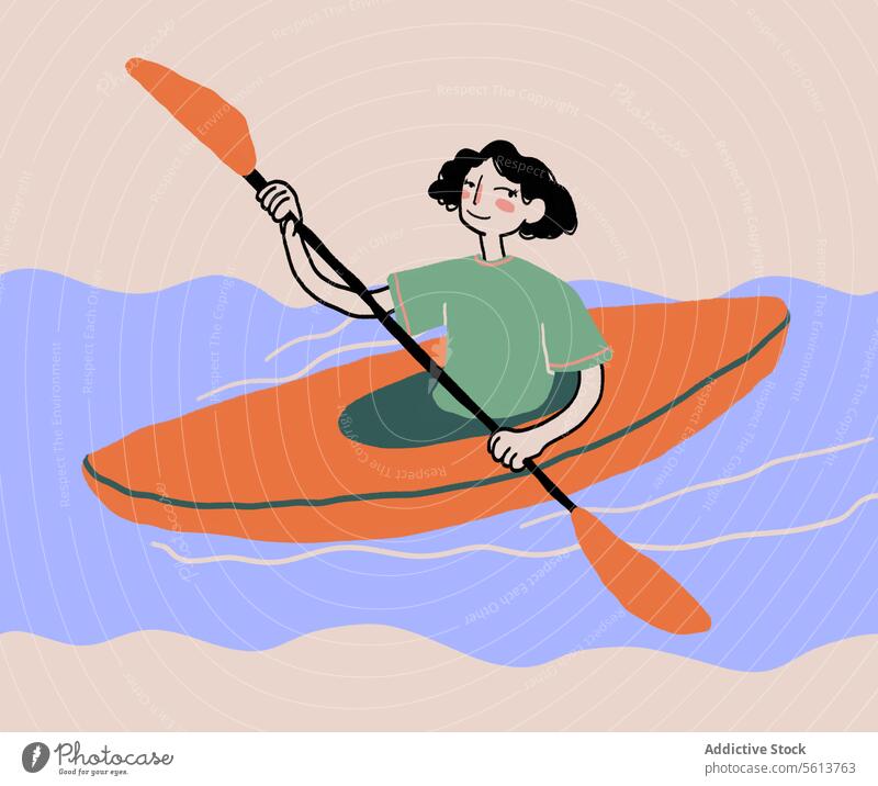 Cartoon woman in canoe on river cartoon illustration active sport leisure paddle hobby smile female young curly hair wavy hair black hair water
