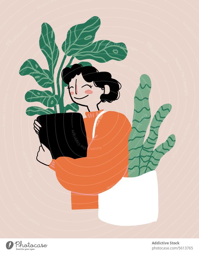 Cartoon woman hugging potted plant cartoon illustration sensual carry cactus shopping bag shopper smile happy female young wavy hair curly hair black hair