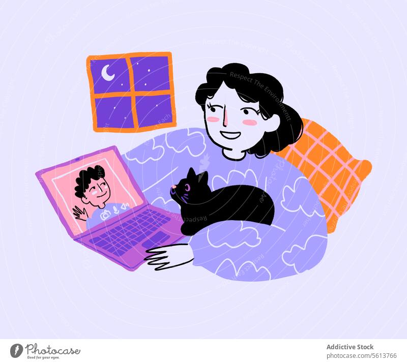 Cartoon woman with cat having video call cartoon illustration using laptop video chat night bedroom smile happy female young wavy hair curly hair black hair