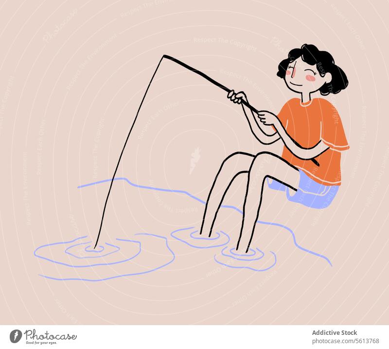 Cartoon woman catching fish in lake cartoon illustration fisher fishing hobby rod water recreation smile glad positive happy female young curly hair black hair