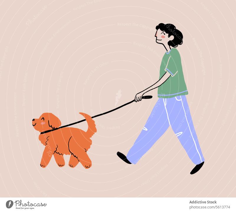 Cartoon woman walking dog on leash cartoon illustration owner stroll canine friend smile happy female young wavy hair curly hair black hair casual animal pet