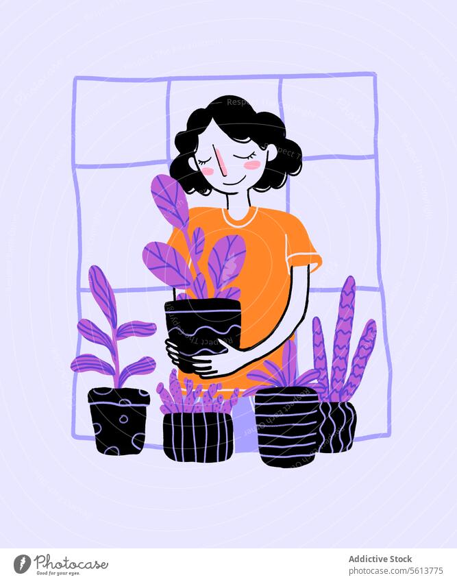 Cartoon woman taking care of plants cartoon illustration routine sensual potted hobby at home smile happy female young wavy hair curly hair black hair window