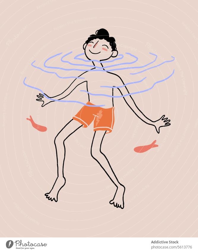 Cartoon man swimming in river with fishes cartoon illustration water summer activity trunks smile happy male young wavy hair curly hair black hair short hair