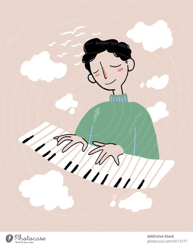 Cartoon man playing piano among clouds cartoon illustration pianist music instrument synthesizer smile male young wavy hair curly hair black hair short hair