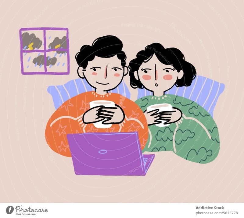 Cartoon couple watching movie in bed cartoon illustration film cozy laptop hot drink thunderstorm at home amazed shock wow omg young wavy hair curly hair
