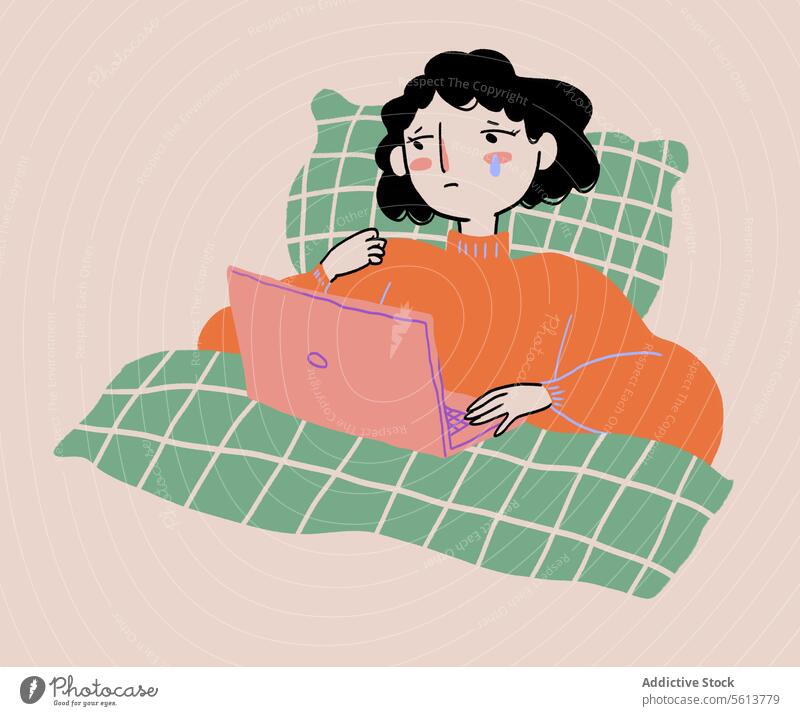 Sad cartoon woman watching movie and crying illustration drama laptop empathy lying bed female young wavy hair curly hair black hair sweater upset melancholy