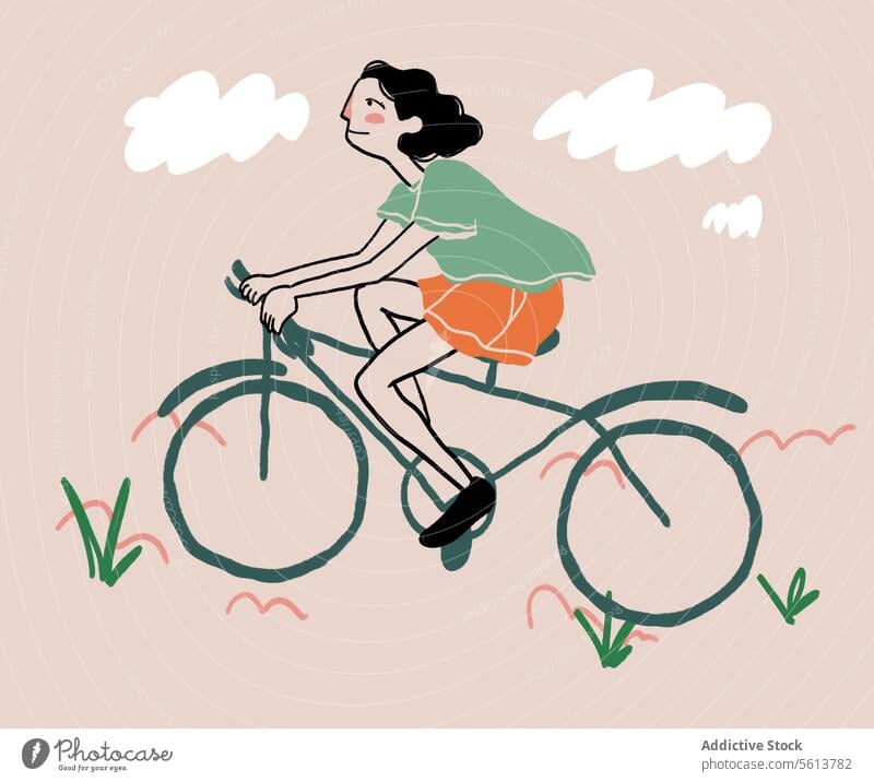 Cartoon woman riding bicycle in countryside cartoon illustration ride bike activity summer hobby female young wavy hair curly hair black hair shorts t shirt