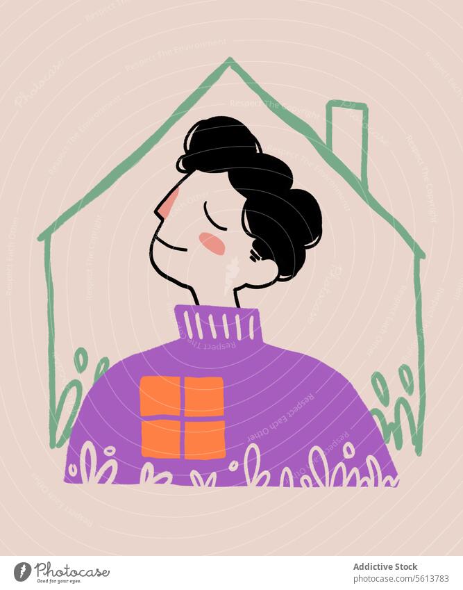 Cartoon man inside house with window cartoon illustration homey domestic introvert harmony comfort at home smile happy male young wavy hair curly hair