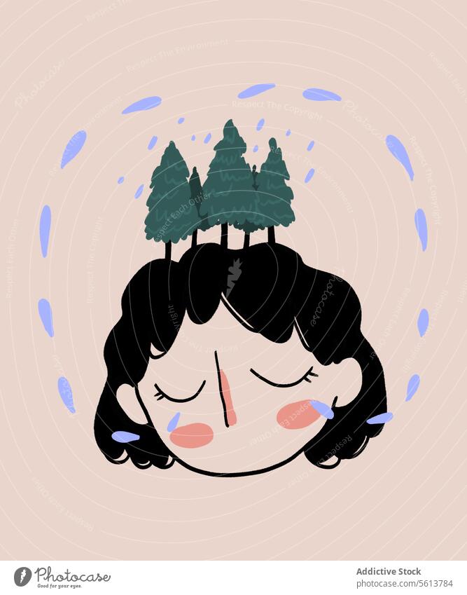 Cartoon woman pouring forest with tears cartoon illustration cry spruce sorrow waterdrop rain female young curly hair wavy hair black hair woods contrast