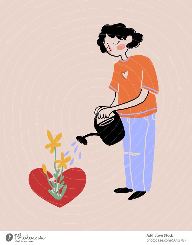 Cartoon woman pouring flowers inside broken heart cartoon illustration water watering can breakup female young curly hair black hair t shirt concept heal care