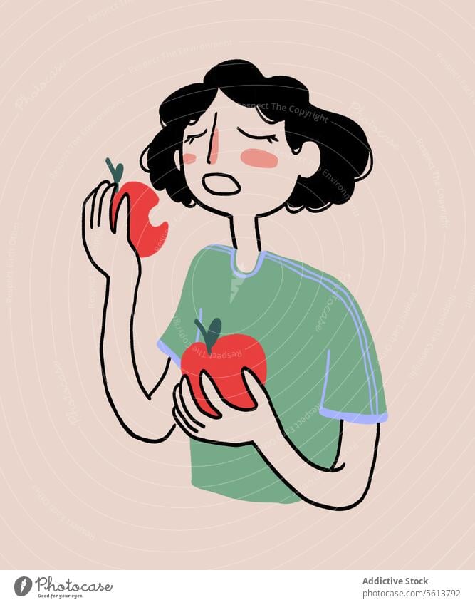 Cartoon woman eating red apple cartoon illustration bite fruit healthy food vegetarian vitamin female young curly hair black hair t shirt casual mouth opened