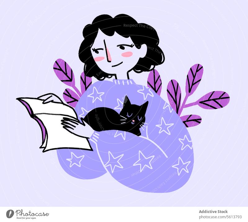 Cartoon woman with black cat reading book cartoon illustration bookworm pet hobby literature smile female young wavy hair curly hair black hair sweater star