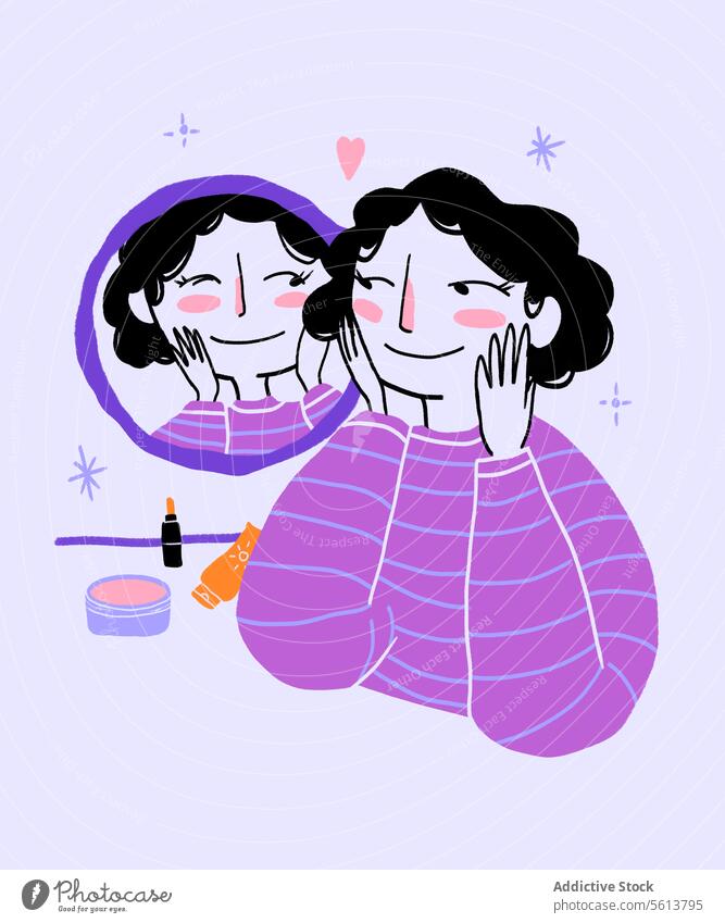 Cartoon woman looking at herself in mirror cartoon illustration touch face skin care beauty product appearance reflection wink smile female young curly hair