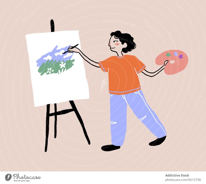 Cartoon woman painting picture on canvas cartoon illustration artist palette easel smile happy female young wavy hair curly hair black hair imagination