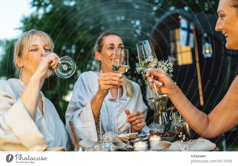 Friends in bathrobes toasting with white wine near a sauna barrel in an outdoor setting friends enjoyment relaxation wellness nature spa health leisure summer
