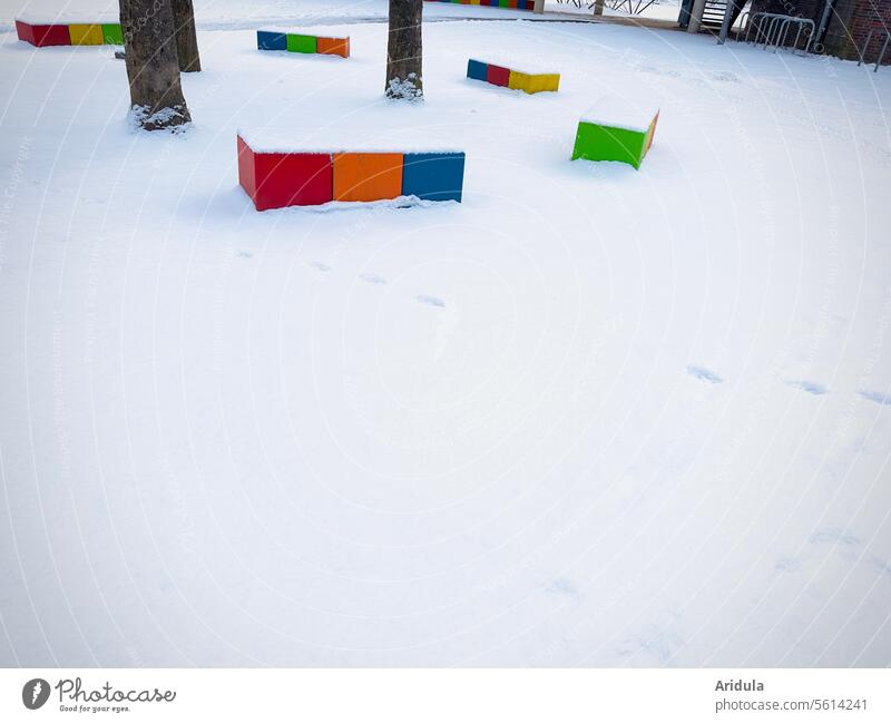 Colorful concrete blocks in the snow Snow Winter Bench trees Schoolyard variegated Seating playground Cold Deserted Tree White Exterior shot Child children