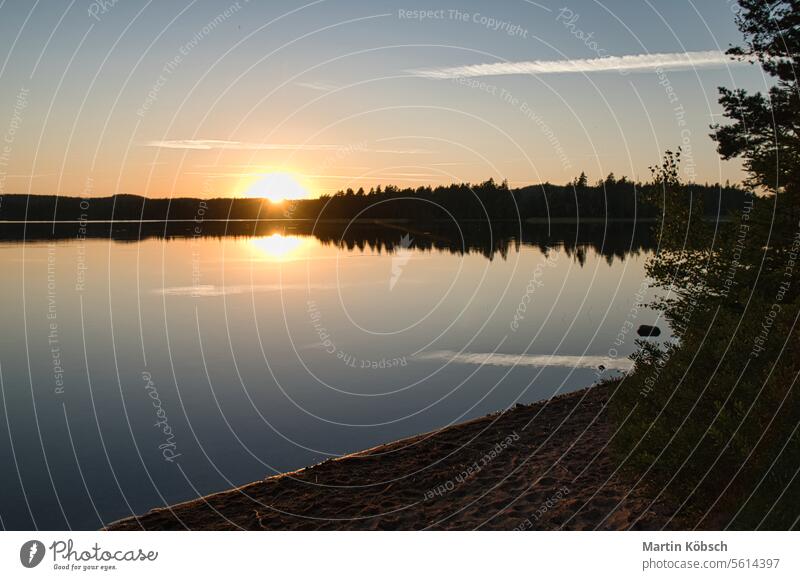 Sunset with reflection on a Swedish lake in Smalland with bushes in the foreground Lake sunset travel smalland Sweden lightness vacation water see forest