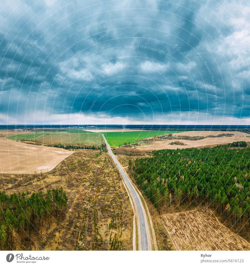 Aerial View Of Highway Road Through Deforestation Area Landscape. Green Pine Forest In Deforestation Zone. Top View Of Field And Forest Landscape. Drone View. Bird's Eye View.
