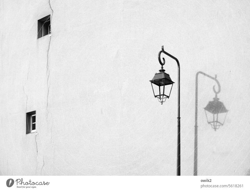 Lonely lantern streetlamp Shadow Black & white photo Peaceful Calm Simple Thrifty Vintage Ravages of time Metal Design Style Weathered Hazy Silhouette Contrast