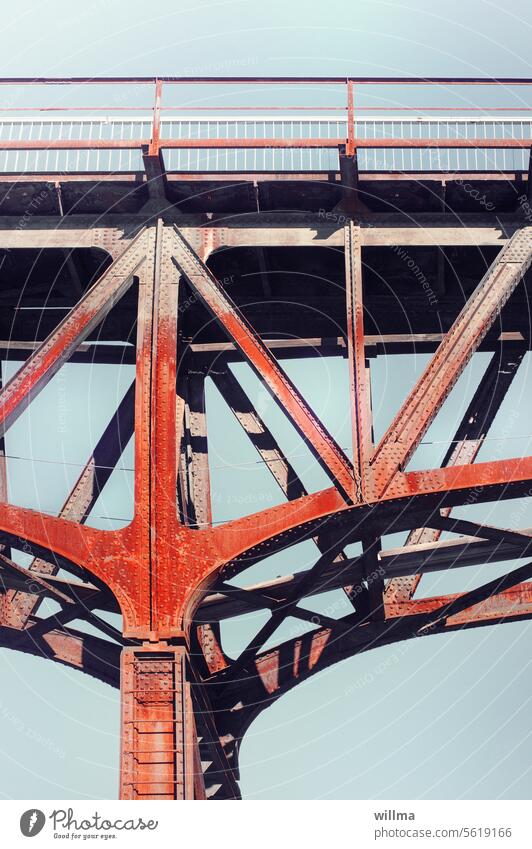 Charming old iron viaduct Rust corroded Bridge Steel bridge railway viaduct Railway bridge truss bridge steel construction Steel construction bridge