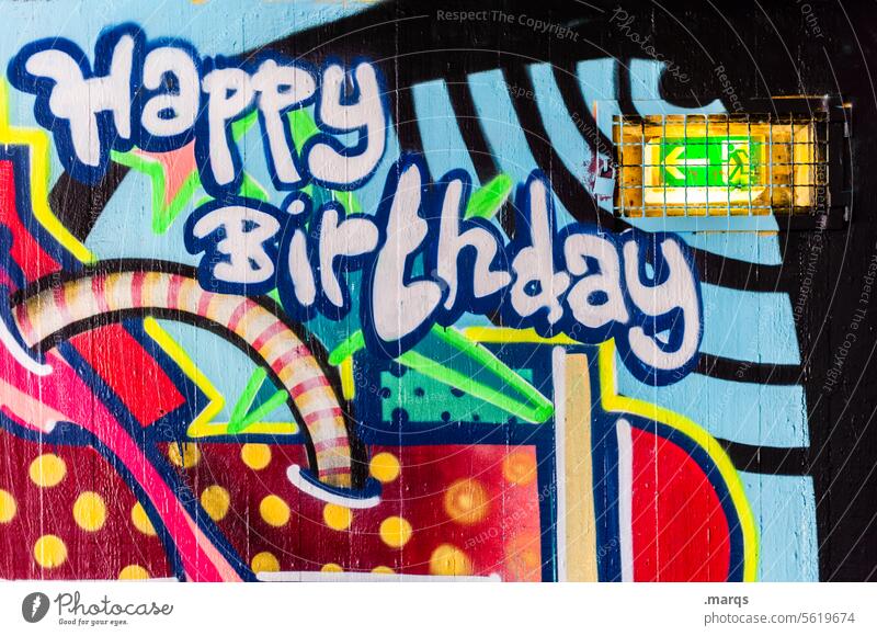 Happy Birthday Joy Congratulations Characters Multicoloured Good luck variegated exit Arrow Signage Wall (building) Birthday wish Graffiti Feasts & Celebrations