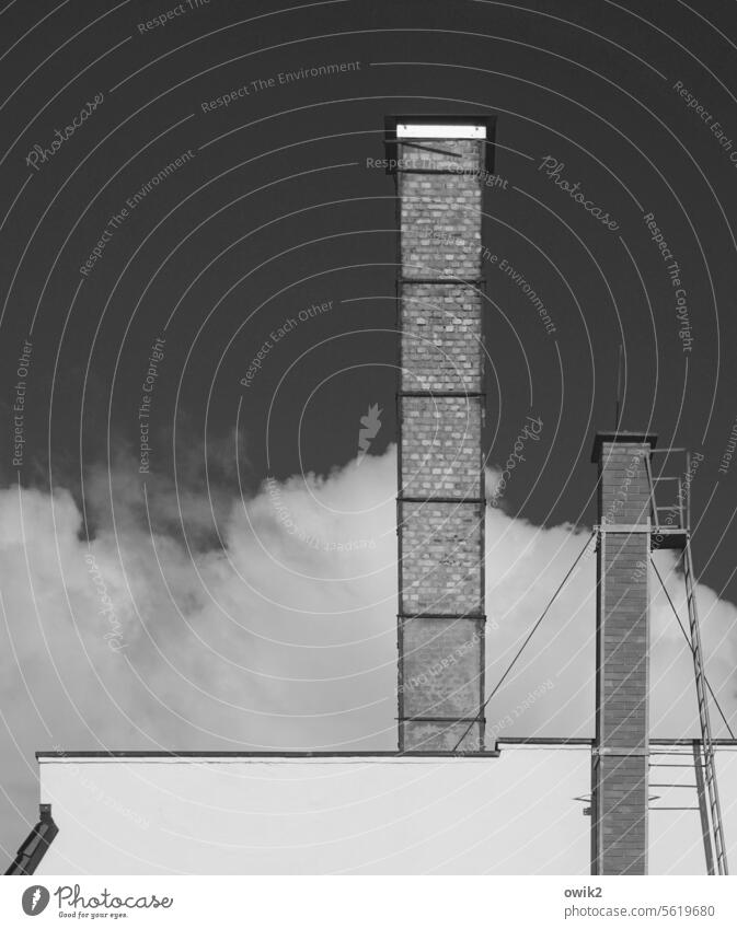 family-run business chimneys two Couple double Exterior shot Sky cloud Building Above Manmade structures Deserted Black & white photo Tall Slim Thin