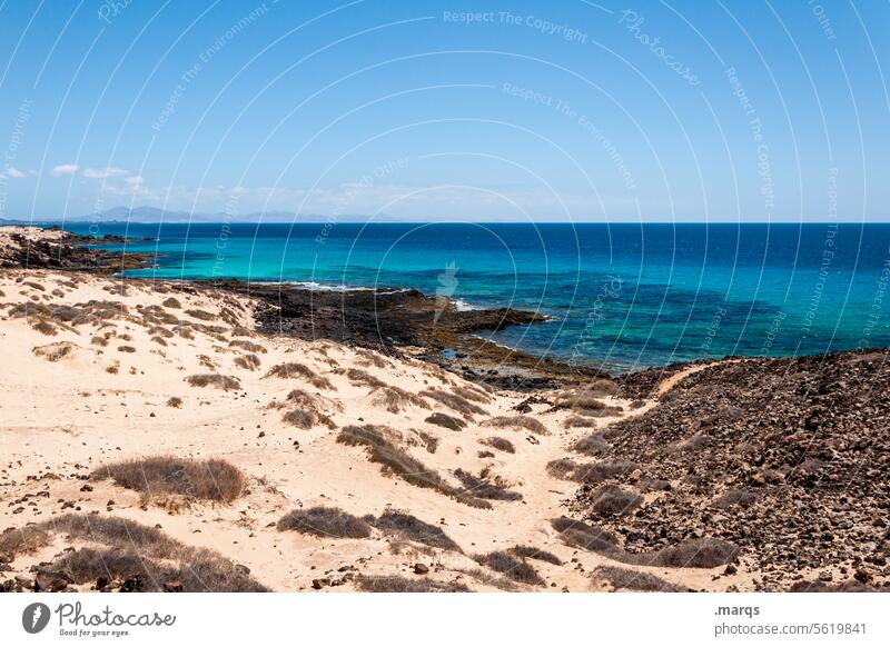 coastline Summer vacation Relaxation Vacation & Travel Beautiful weather Cloudless sky Horizon Ocean Sand Beach Panorama (View) Freedom travel Stone Sparse