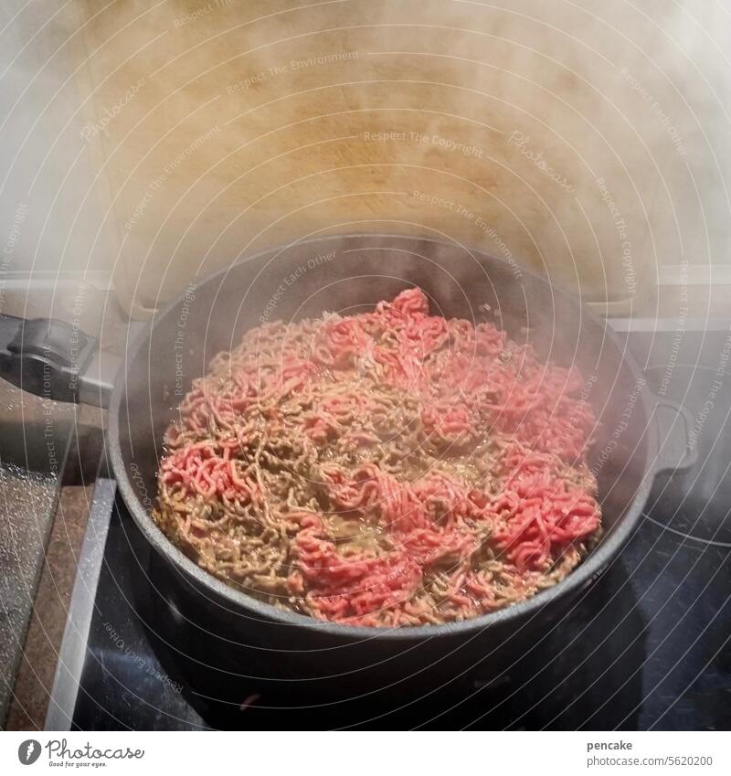 smoke detector | false alarm boil Stove Pan Smoke Bolognese Alarm Eating Delicious sear Minced meat Italian Smoke development Cooking Meal Meat Tomato Kitchen