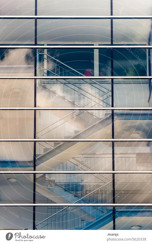Cloudy stairwell Stairs Reflection Town Architecture Building ascent Banister future outlook career ladder Success Upward Positive Future Career Optimism Clouds