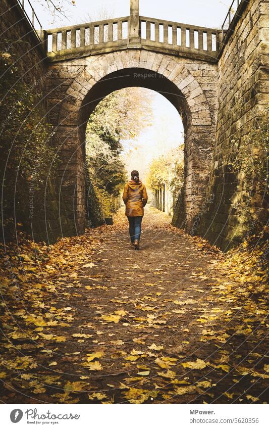 woman goes her own way Woman Round arch Autumn Autumnal Nature Exterior shot Young woman Autumn leaves To go for a walk Autumnal weather out Autumnal colours