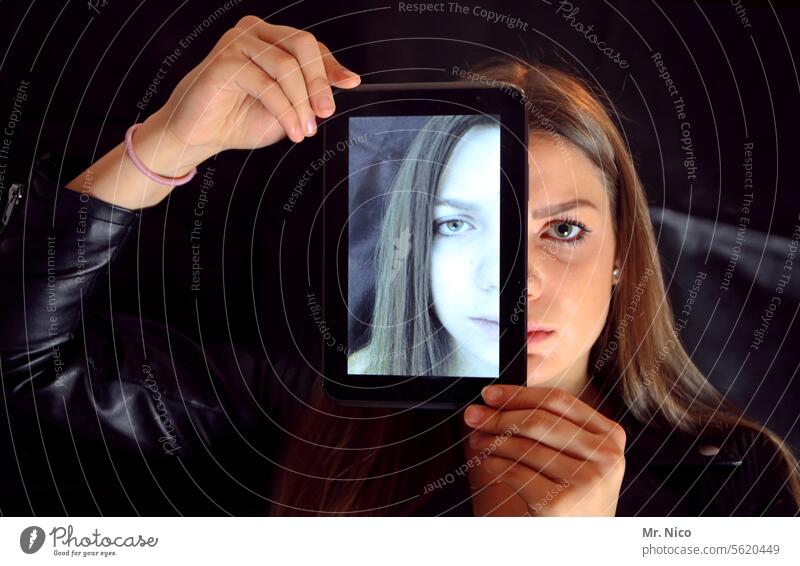 Half Half Tablet computer Technology Before After Mirror image portrait Head Face Wearing makeup Without makeup Digital Looking into the camera face half Screen