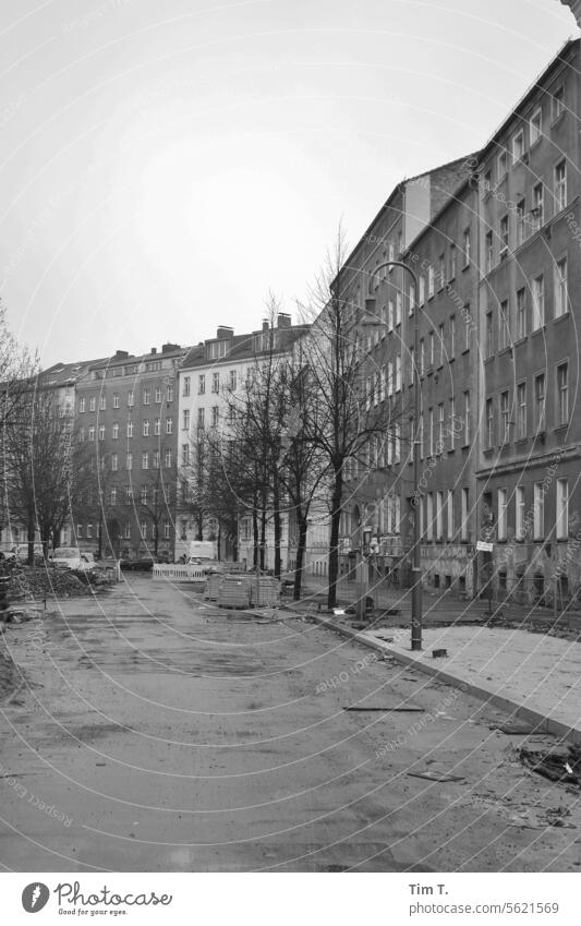 an empty street in winter in Berlin Prenzlauer Berg b/w Street Empty Winter Capital city Town Downtown Black & white photo Exterior shot Old town Deserted bnw