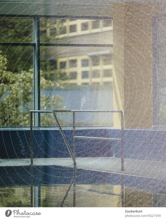 Indoor swimming pool, railing, window front, reflection indoor pool Window Yellow Blue pastel High-rise Modern Water bathe geometric Reflection Architecture