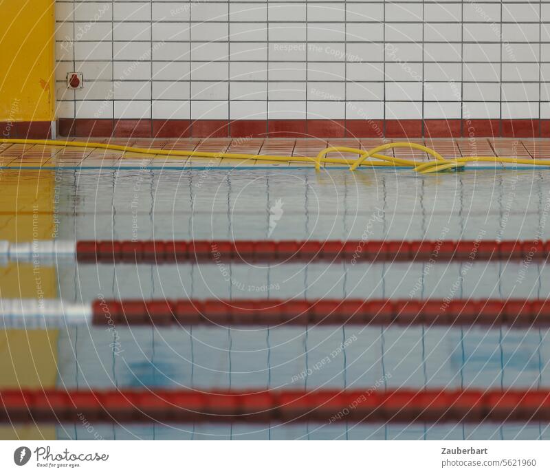 Lanes in the indoor pool separated by swimming lines, yellow tube, tiles, horizontal still life orbits Floating lines floating body Vertical Red Blue Water