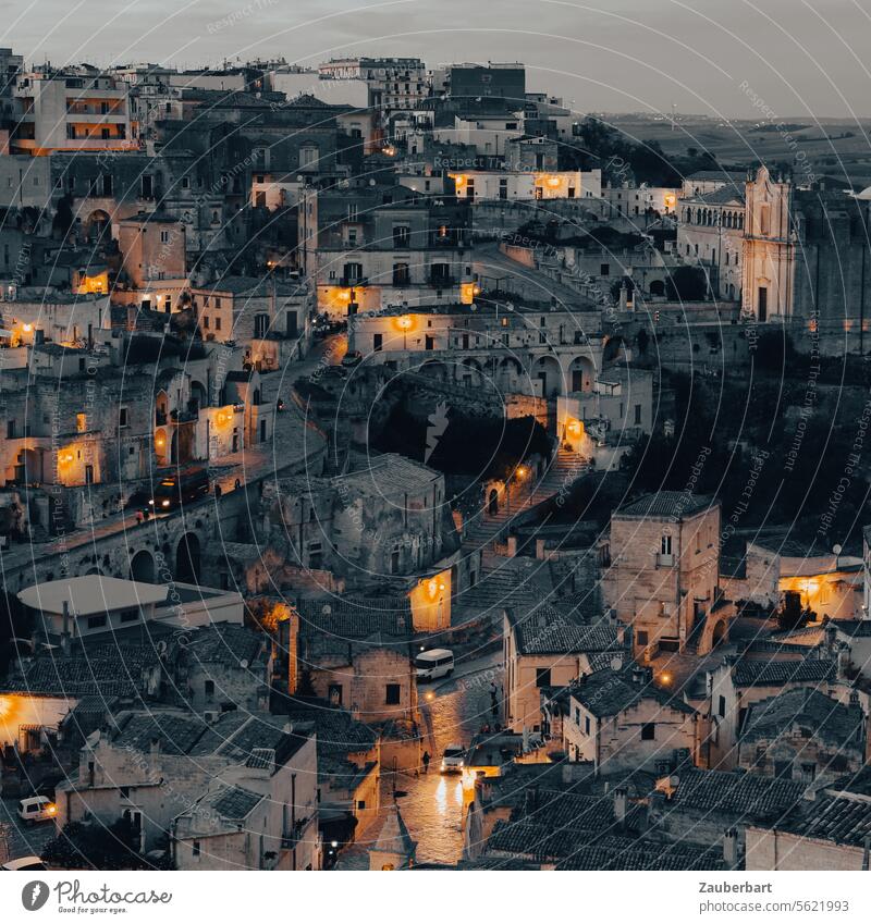 Matera in the evening matera Basilicata Evening clearer medieval stonewall Rock Sassi Italy Historic Building Old romantic Night Lighting