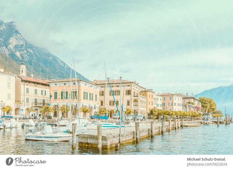 Port of Gargnano on Lake Garda in pastel colors Lago Italy Lombardy Water Harbour seascape port picturesque lake view
