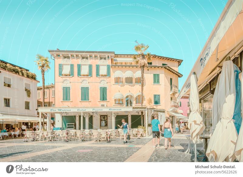 Sirmione in summer Lago Garda Lake Italy Lombardy Water Harbour seascape port picturesque lake view pastel