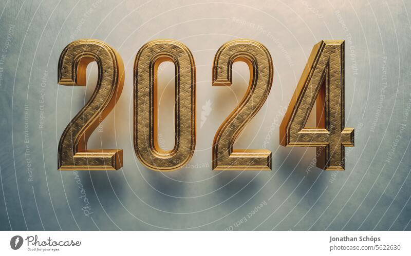 Year 2024 font, text, typography, 3D rendering, golden letters New Year's Eve turn of the year new year Year date number New Year's resolutions Forecasts