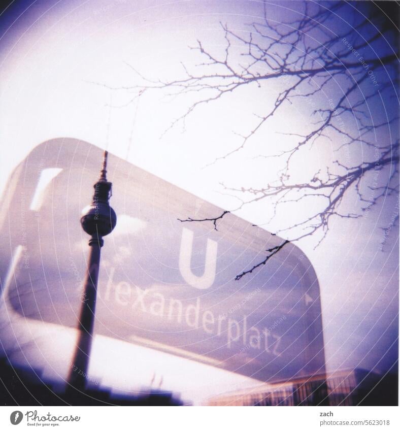 Ride the subway Holga Lomography Double exposure Analog Scan Slide Town Cross processing Tower Berlin Television tower Berlin TV Tower Transport Underground