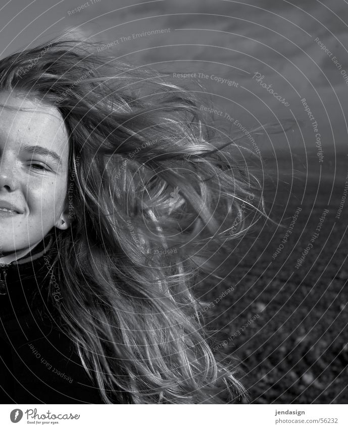 Wind in your hair Girl Field Winter Hair and hairstyles Laughter Joy Black & white photo