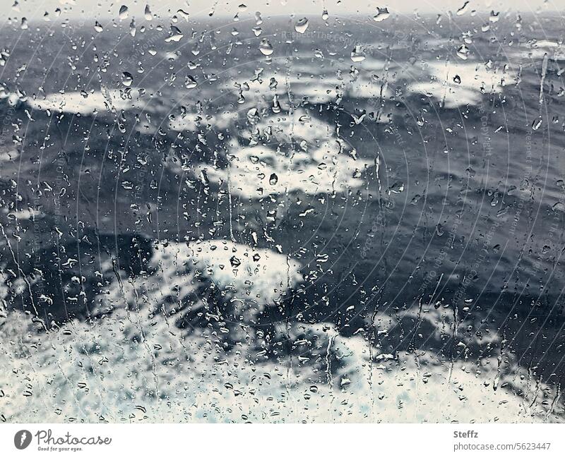 Rain and storm outside Gale Window pane Pane Slice Sea voyage Ocean Weather raindrops stormy boat trip North Sea Hurricane waves Gusts of wind Storm waves