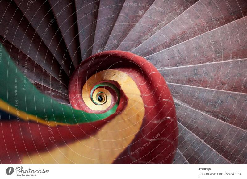 spiral Bird's-eye view Esthetic Spiral Winding staircase Perspective Red Green Gray Yellow Round Staircase (Hallway) Stairs Interior design Style Architecture