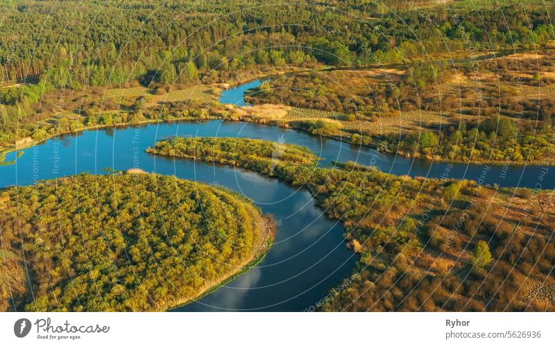 4K Aerial View Green Meadow And Forest On Coast Of Curved River Landscape In Sunny Summer Day. Top View Of Beautiful European Nature From Attitude shape pasture