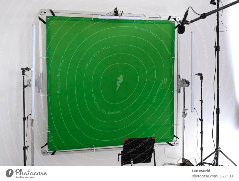Setup in a TV studio with green screen and lights background camera chroma key discussion empty equipment film furniture green screen background greenscreen